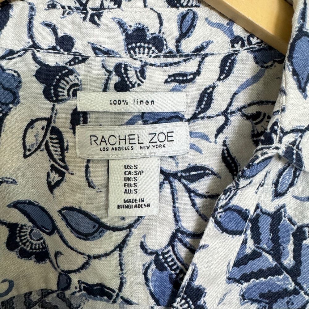 Linen Floral Shirt Coastal Chic Boho Resort Blouse Blue White Euro Summer Top - Picture 11 of 11